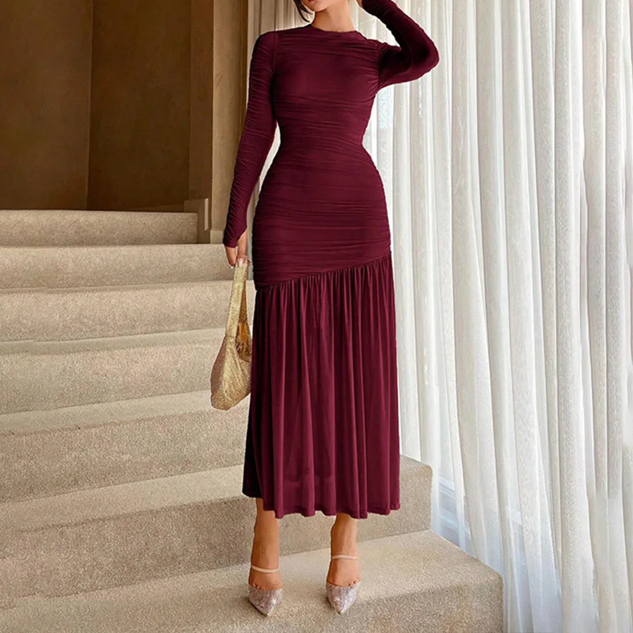 

Женское длинное платье с длинным рукавом и круглым вырезом, женские однотонные плиссированные вечерние платья, всесезонное элегантное юбилейное платье