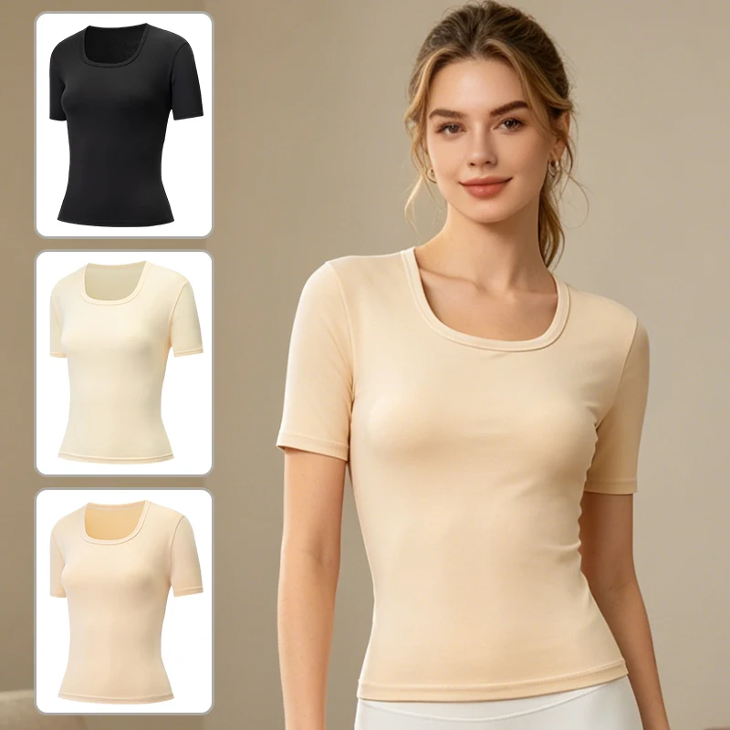 Ladies' summer solid color versatile U-neck short sleeved comfortable and soft home T-shirt casual and simple outerwear top