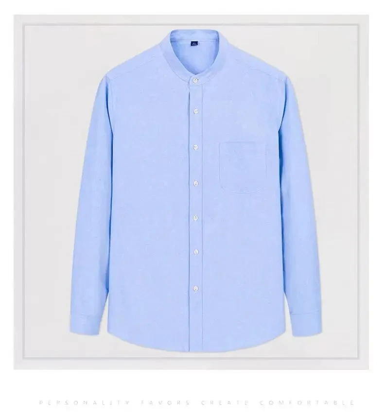 4XL Classic Stripe Solid Color Stand Collar 100% Cotton Men's Long Sleeve Shirt Work Business Office White Shirt Men Long Sleeve