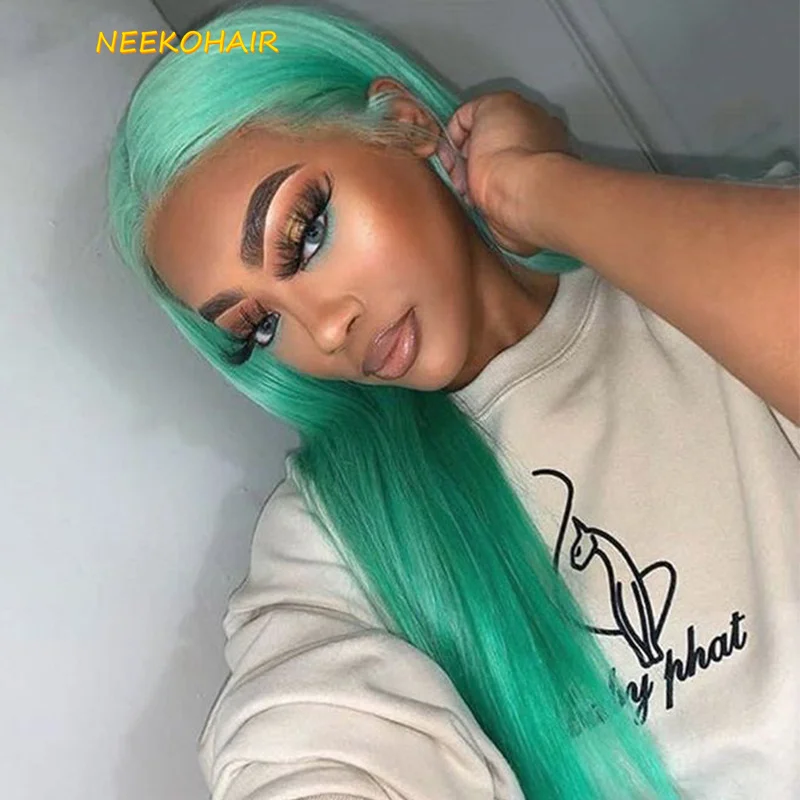 13x4 Transparent Mint Green Lace Front Wig Colored Straight 13*6 HD Lace Frontal Or 4x4 Closure Human Hair Wigs For Women