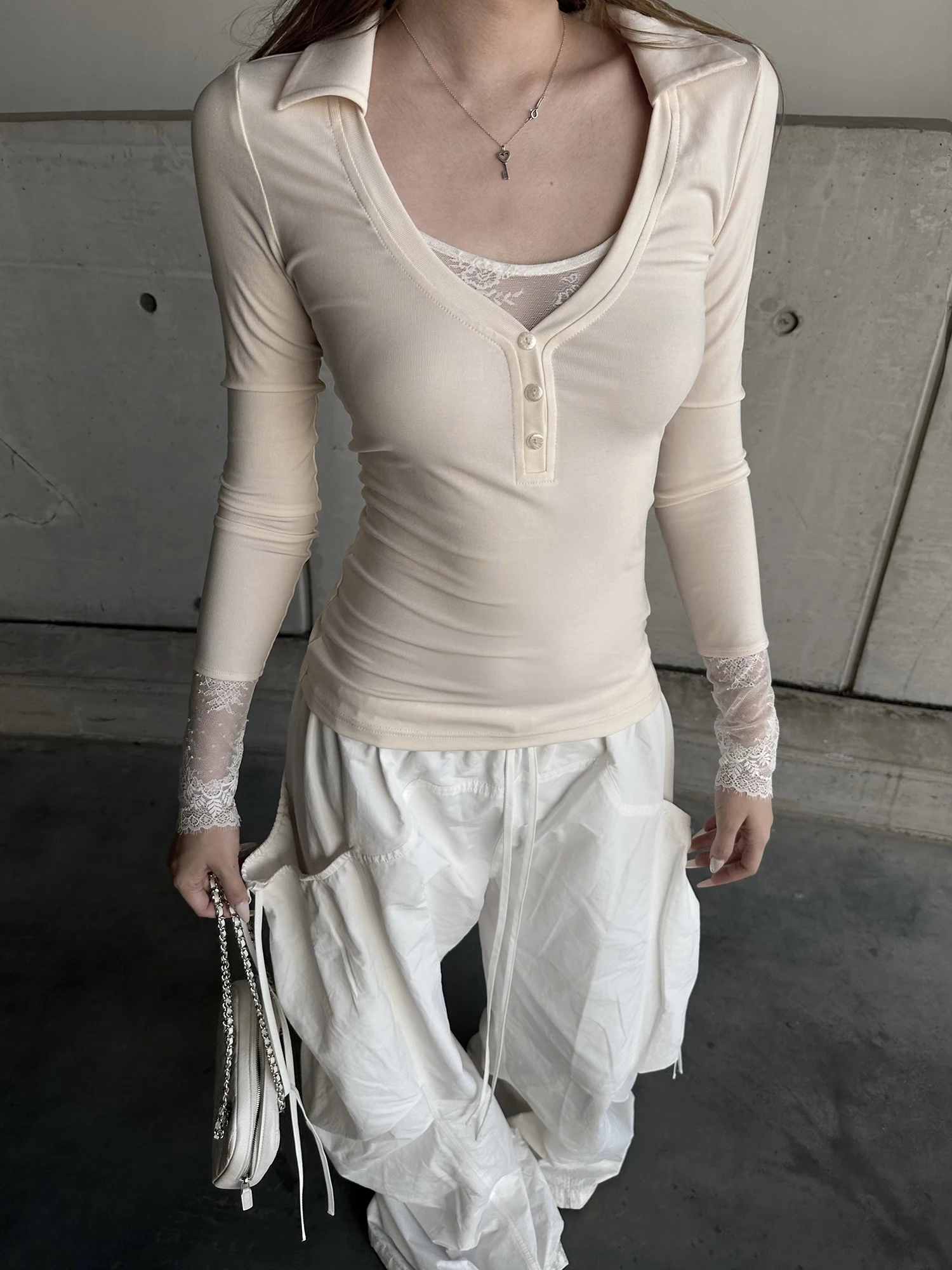 Rase Le Sol Cloud Dream Catcher Lace Patchwork Slim Fit Long Sleeve T-Shirt Women's Fashion Sexy Style Rcelle Fabric Long Sleeve
