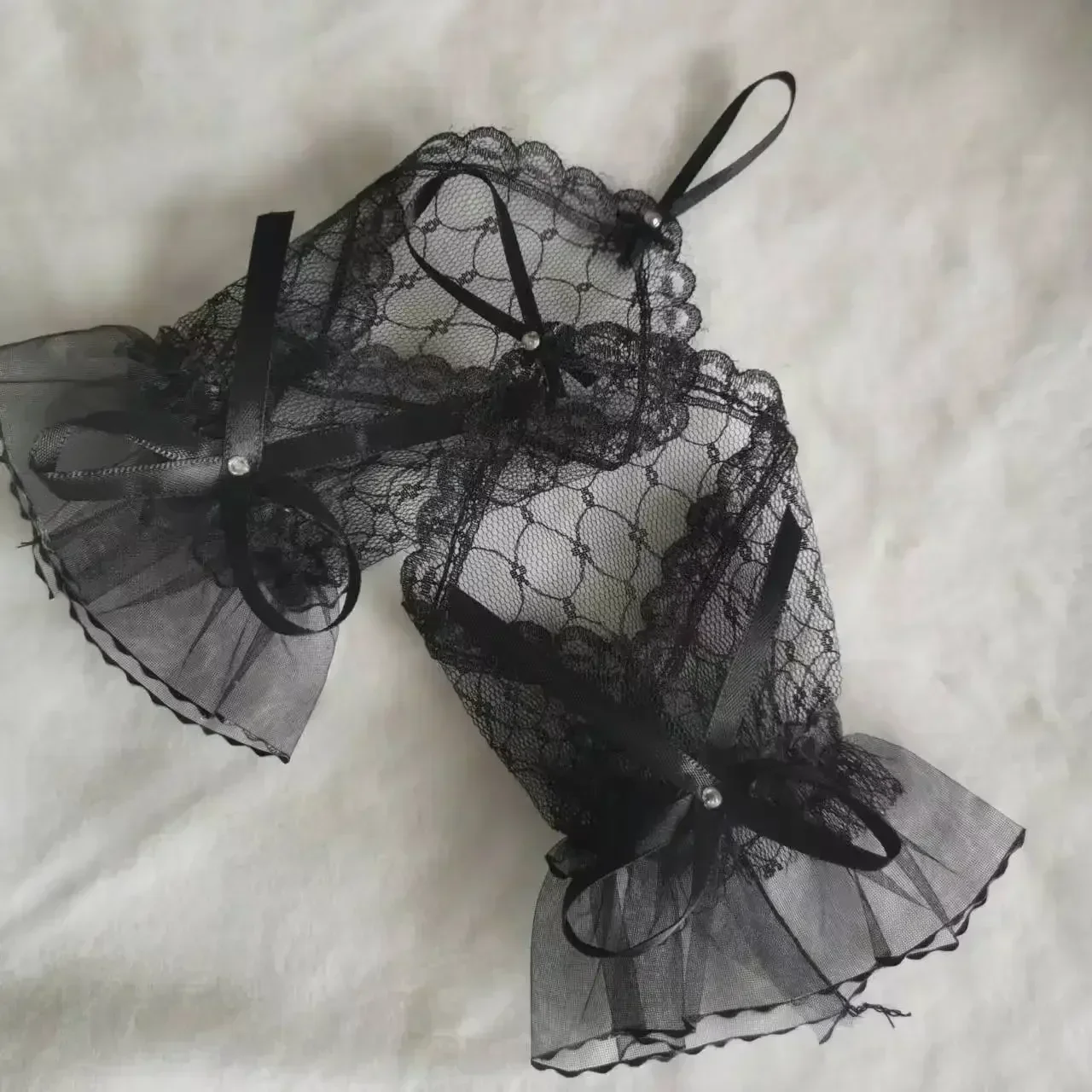 レースショートグローブ 女性用 ブライダル ウェディング ロリータスタイル メッシュハンドスリーブ 手作りリボン弓とフックフィンガーグルー付き