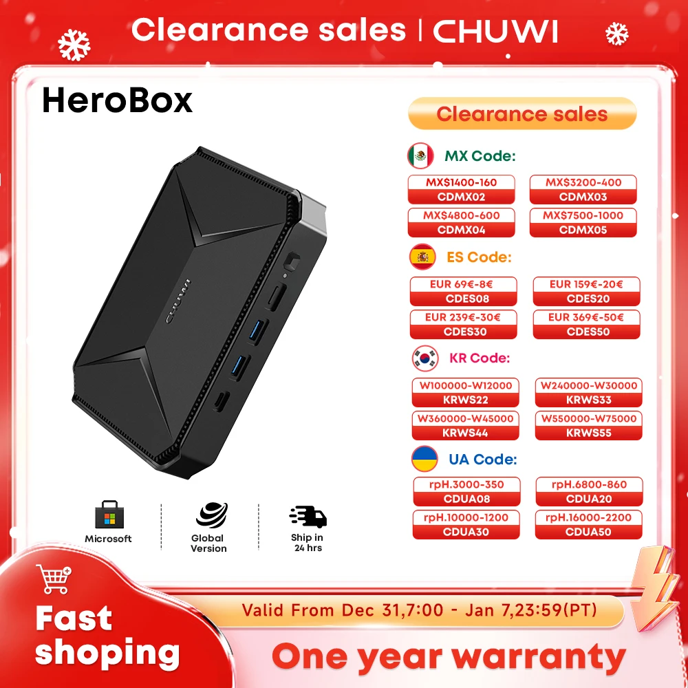 CHUWI Herobox Mini PC Intel 12th Gen N100 Quad Core 8GB RAM 256G SSD WiFi 6 BT5.2 Gigabit Ethernet VESA Up to 2TB SSD Windows 11