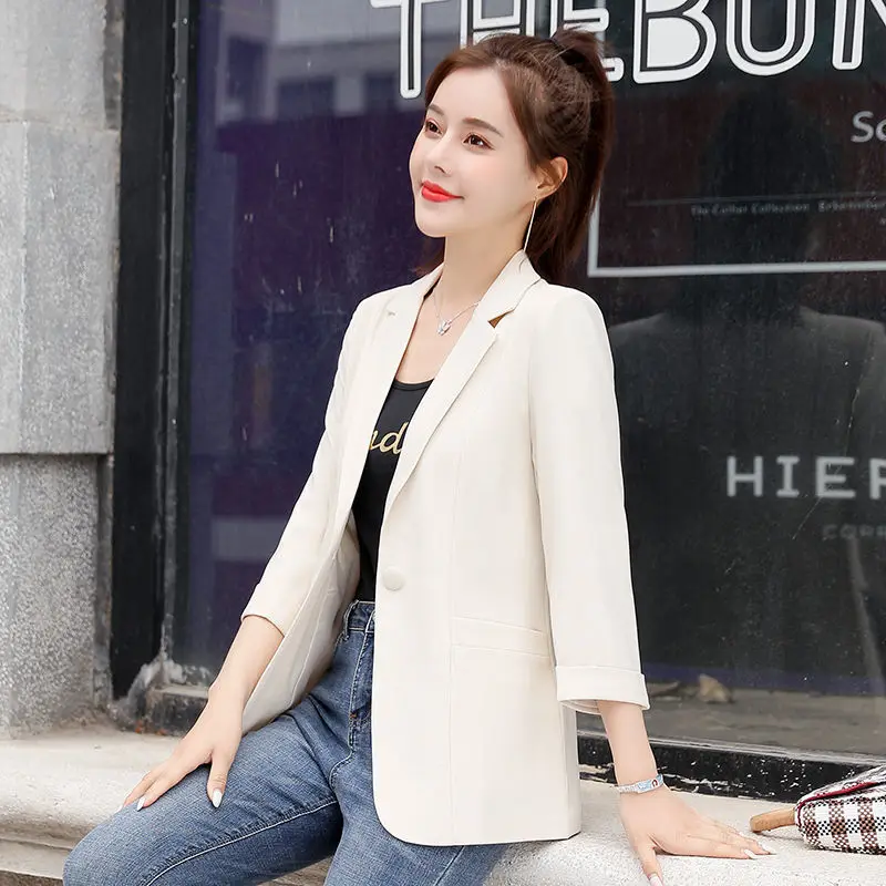 Three Quarter Sleeve Notched Skinny Blazers Solid Color Button Office Lady Business Casual Fashion Formal Women's Clothing 2023
