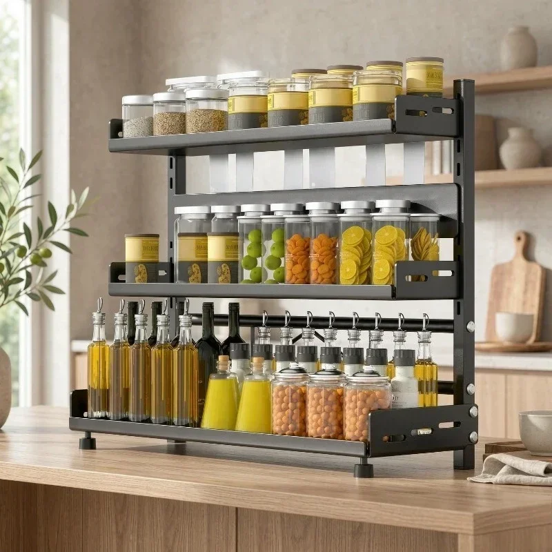 Kitchen Countertop Organizer Rack with Adjustable Feet Knife Storage and Removable Shelves for Cooking Essentials Use