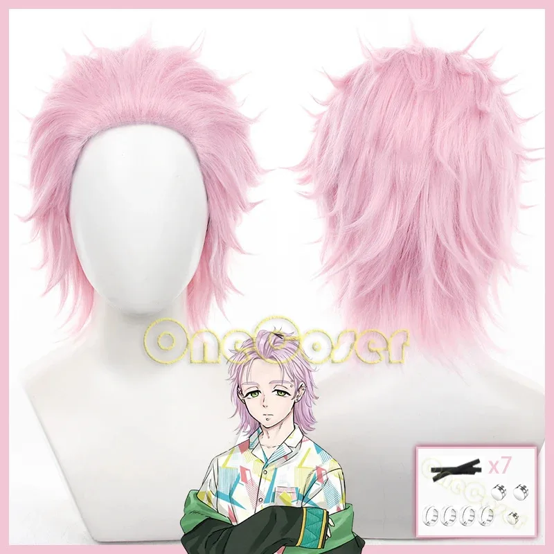 키루야 미츠키 코스프레 가발 애니메이션 윈드 브레이커 가발 핑크 짧은 머리 귀 클립 헤어핀 푸린 고등학교 섬유 헤어 + 가발 모자