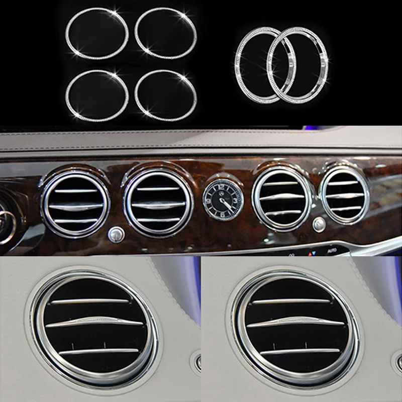 For Mercedes-Benz S Class W222 14-16 6x Silver Gold Crystal Style Center Front Air Outlet Ring Trim Cover Car Interior Supplies