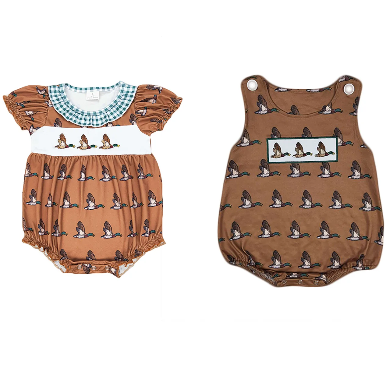 

Wholesale Kids Baby Boy Girl Embroidery Ducks Jumpsuit Newborn Coverall Romper Toddler Short Sleeves Bodysuit Brown One-piece