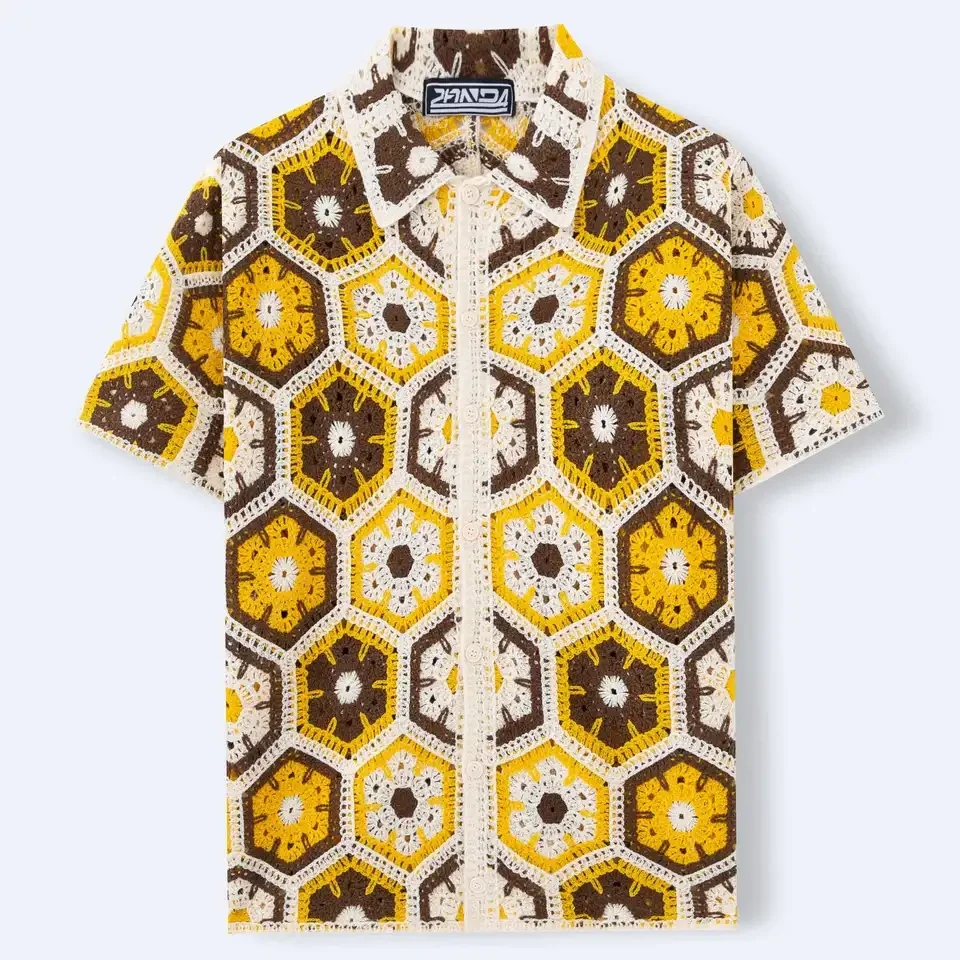 American European New Fashion Summer Men's Ethnic Knitted Turn-down Collar Short Sleeve