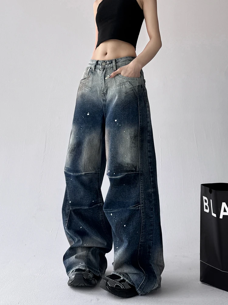 러스틱 와이드 레그 데님 진 여성용 하이웨이스트 루즈 스트레이트 컷 봄 가을 신상 슬레 코튼 엘라스틱 원단