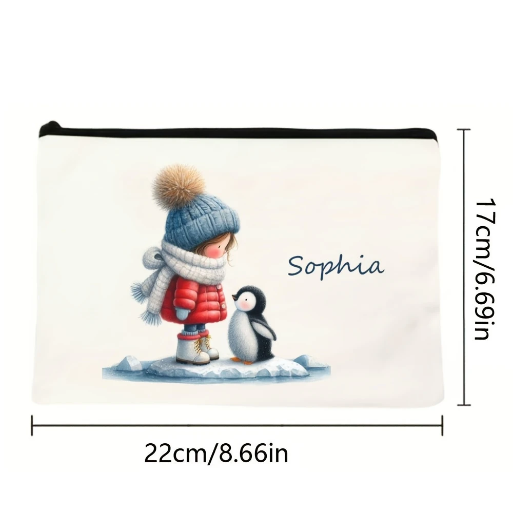 Personalized Name Custom Snowgirl & Penguin Winter Design Makeup Bag - Cute Girls' Cosmetic Case with Snowflake Pattern