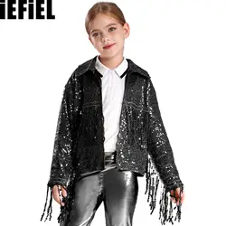 Kids Girls Sparkly Sequin Tassel Jacket Birthday Party Stage Performance Costume Long Sleeve Open Front Coat Outwear