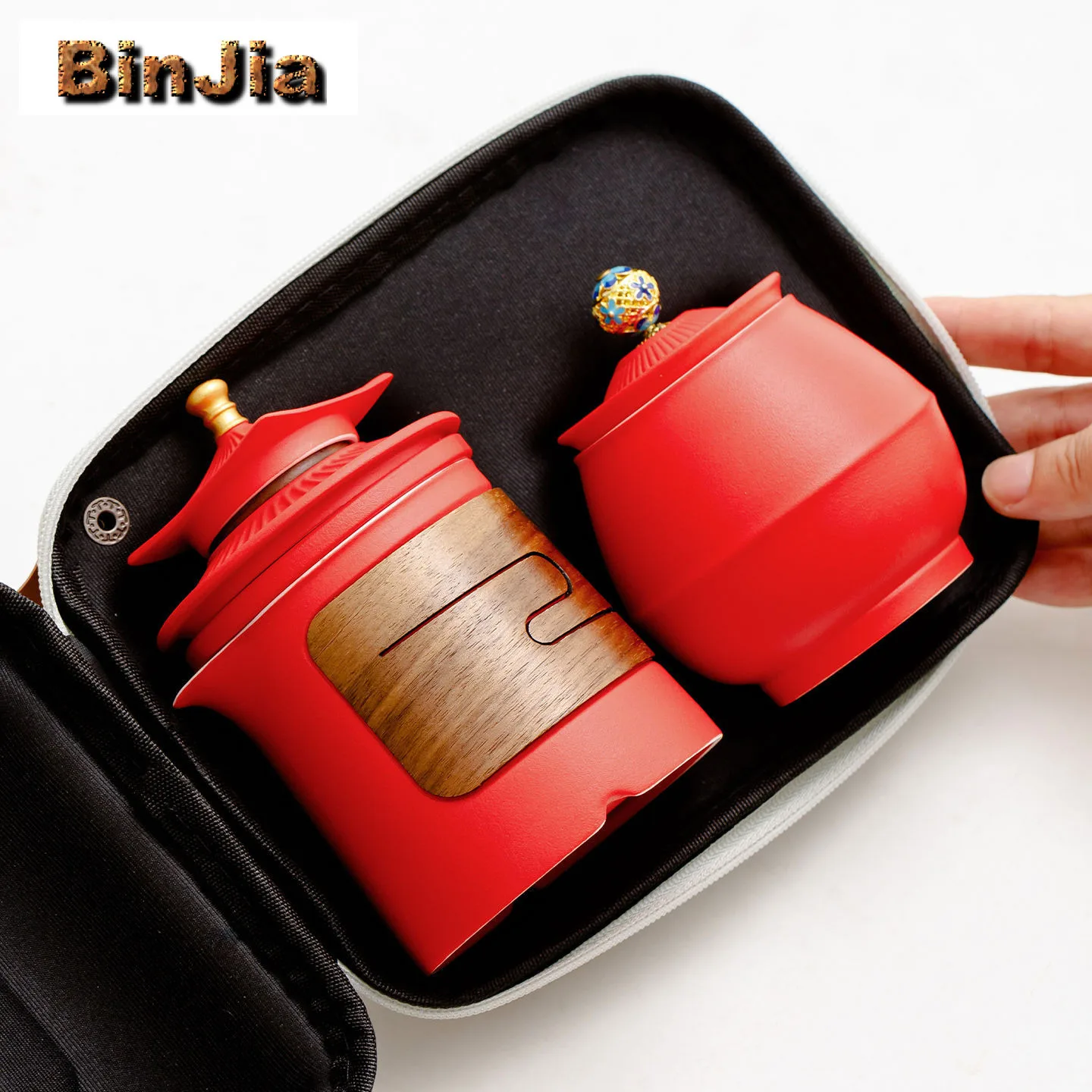 طقم شاي للسفر الثقافي والإبداعي للمدينة المحرمة مصنوع يدويًا 1 وعاء 4 أكواب منظم لصنع الشاي حقيبة حمل خارجية محمولة