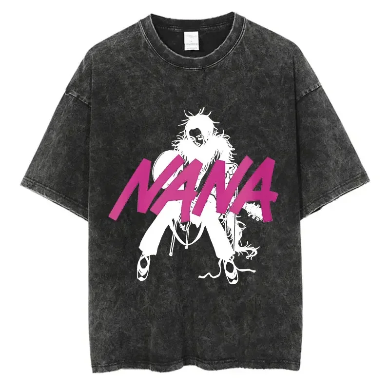 Japanese Anime Nana Osaki Print Vintage Washed Men Tshirt Harajuku Streetwear Graphic T-Shirt Summer Short Sleeve Cotton Tshirt