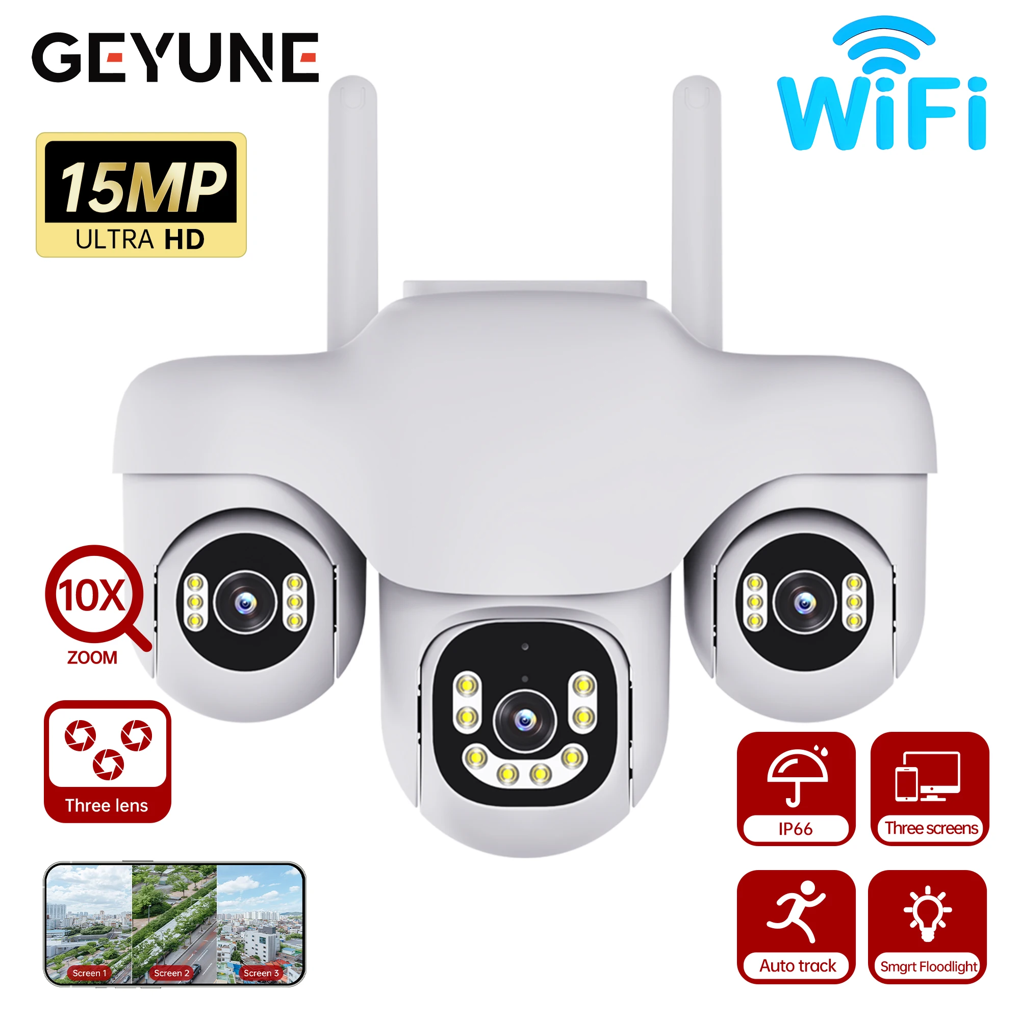V380 Pro 15MP WIFI IP Camera CCTV 3 Lens 3 Screen Auto Tracking Outdoor Security Surveillance PTZ Camera Waterproof Night Vision
