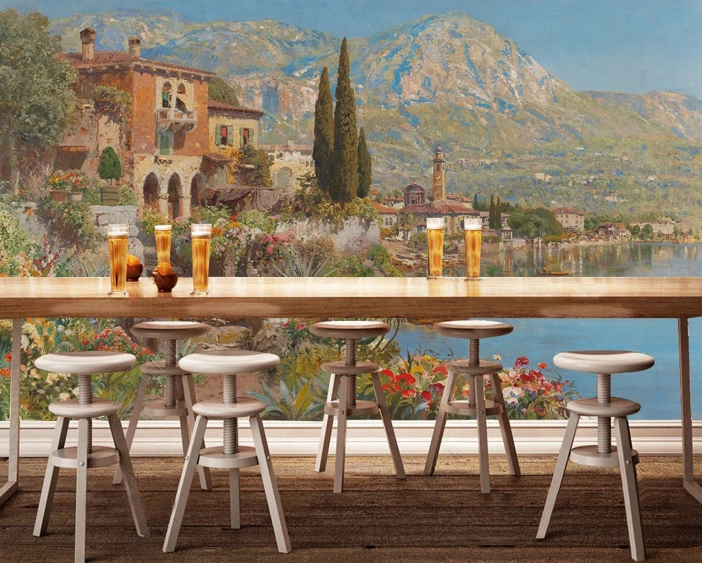 Custom 3D Wallpaper European Mediterranean Landscape Oil Painting Building Restaurant Cafe Mural Background Wall Decor 3D Fresco