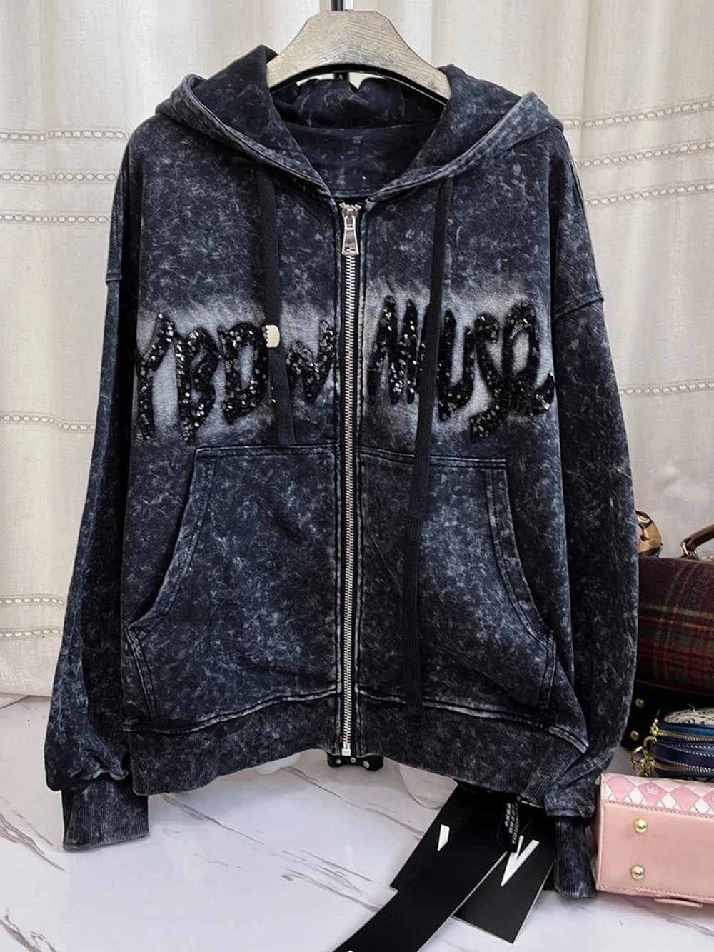 

plus Size Women's Hoodie Glitter Embroidery Cartoon Long Sleeve Vintage Washed Open Cardigan Jacket