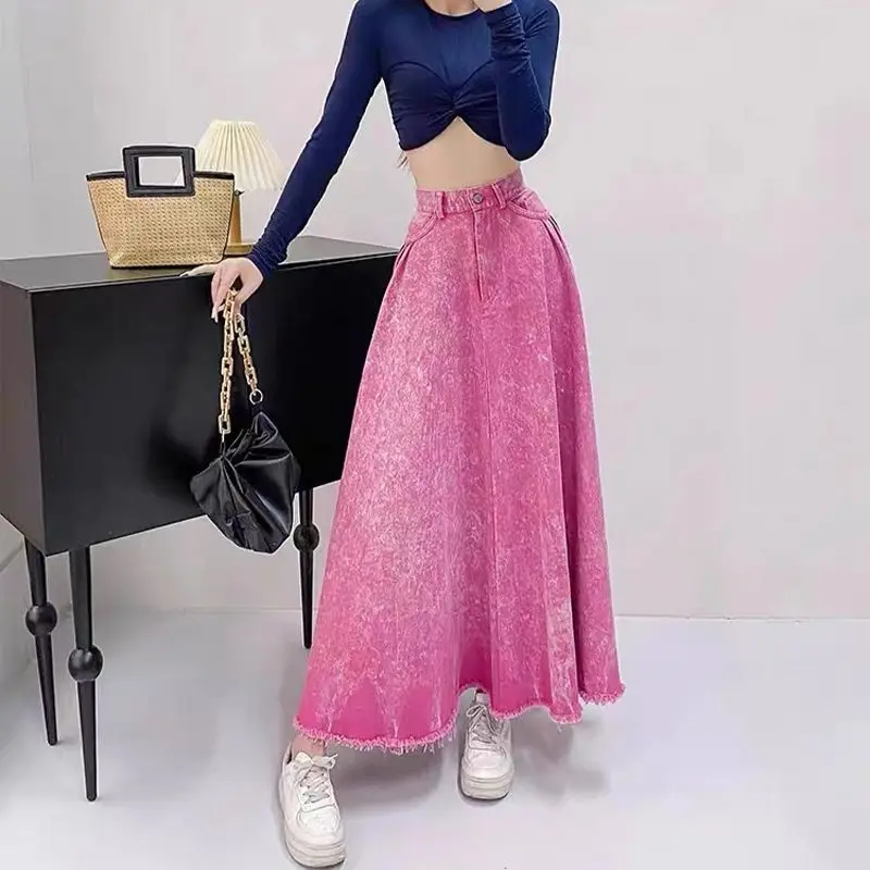 Washed A-Line Denim Skirt Women Spring Summer New Niche Design Dopamine Wear Low Waist Slim Floor Long Skirt