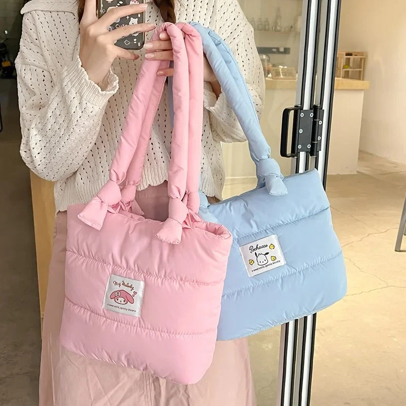 Ins New Hellokitty My Melody Embroidery Air Cotton Bag Anime Solid Color Pachacco Girl Commuting Large Capacity Shoulder Bag