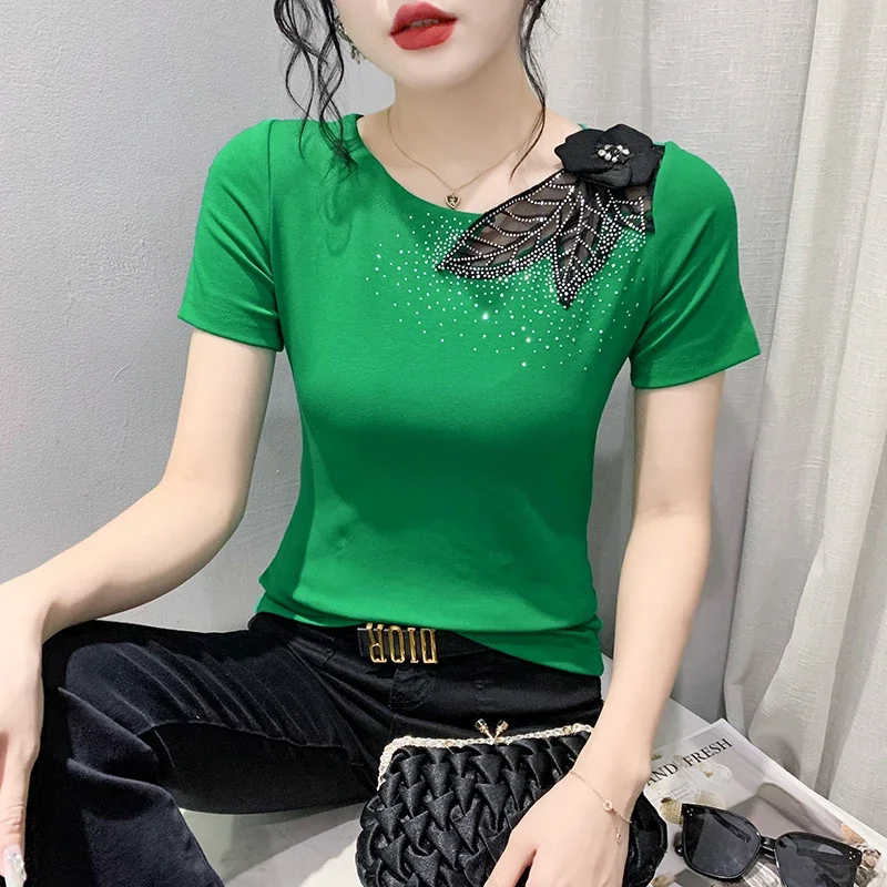 Summer Clothes Cotton T-Shirt Chic Sexy Patchwork Beaded Flower Glitter Hot Drill Women Slim Tops Short Sleeve Tees