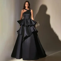 Elegant Graduation Prom Dress Black Satin Tiered A Line Women's Prom Gowns Long Asymmetrical Formal Evening Party Dresses 2024