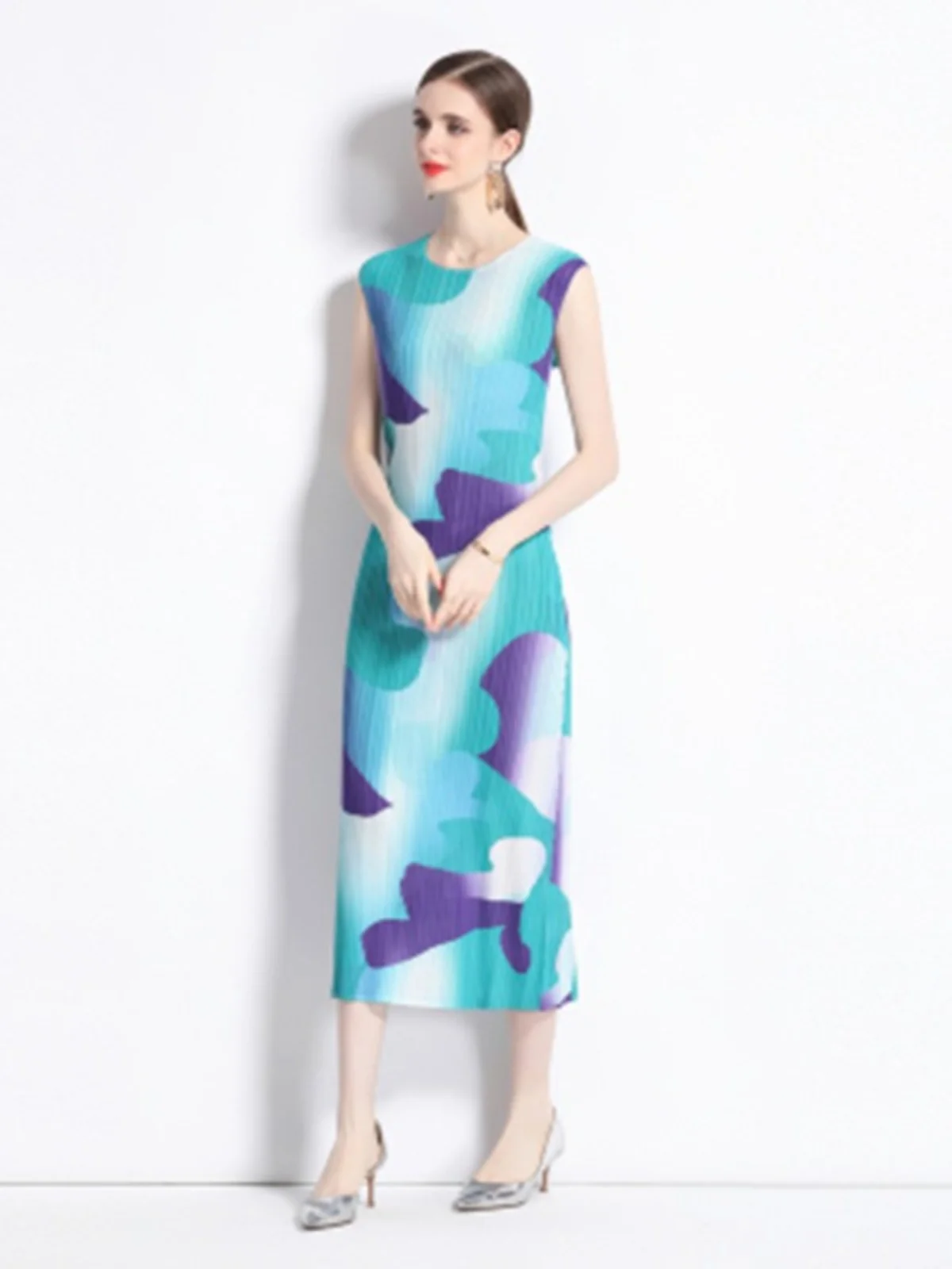 

Japanese Sle Pleated Vest Summer round Ne Print Svel Base Long Dr Elastic Slim Fit A-Line Dr Polyester Fiber