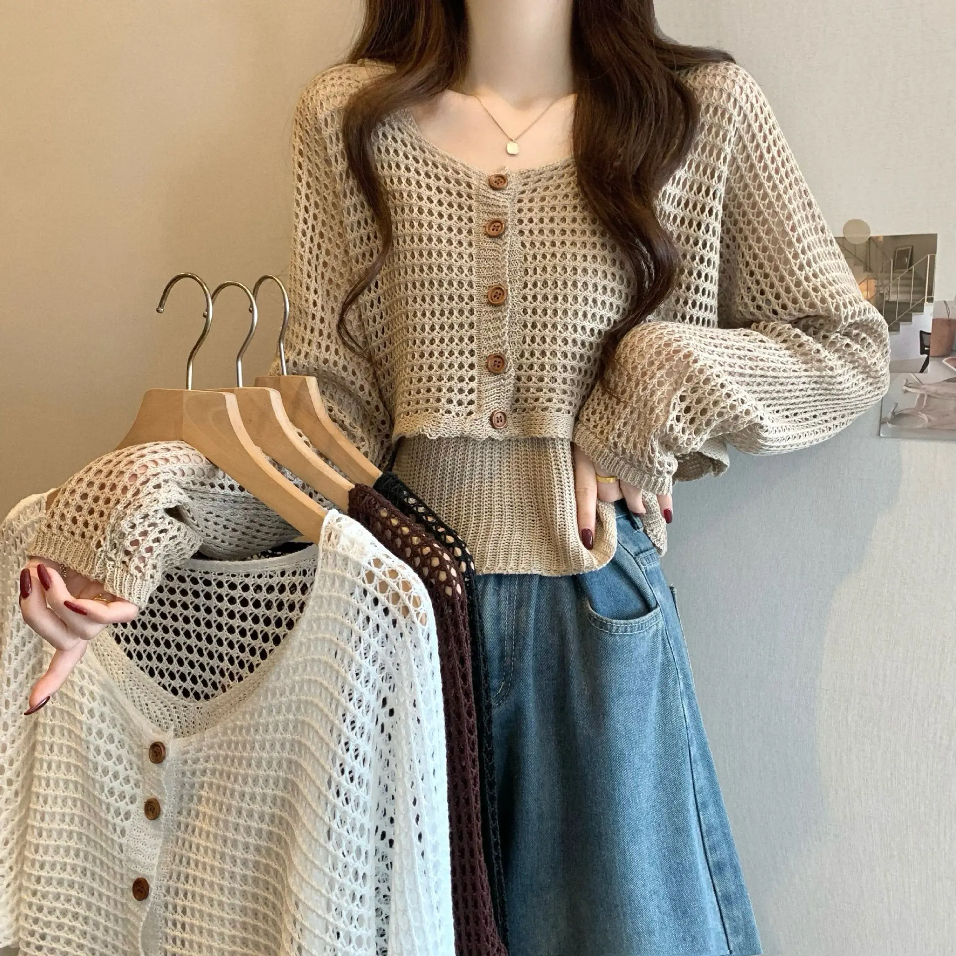 Knit Cropped Top Outerwear Cardigan Spaghetti-Strap 2 Piece Set Women Outfit Hollow Out Sun-Protective Coat Spring Autumn Loose