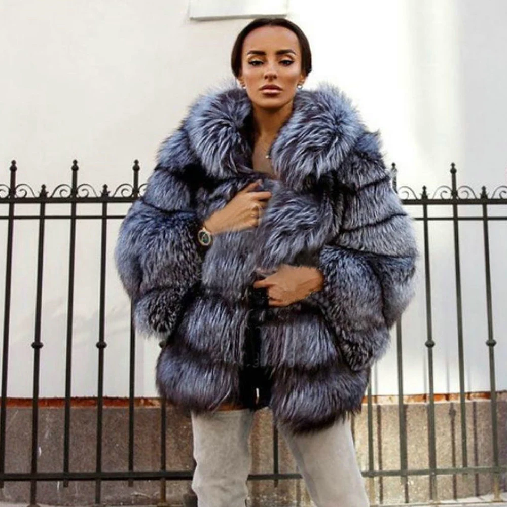 

BFFUR Luxury Women Natural Fox Fur Jacket With Hood New Winter Fashion Woman Genuine Silver Fox Fur Coats Female Outwear