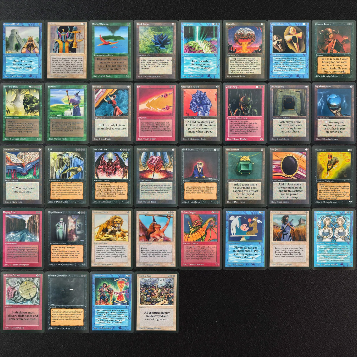 Cartes Magiques Proxy LEA TCG : Timetwister, Black Lotus, Ancestral Recall, Mox Jet, Chaos Orb, Shivan Dragon, Fork, Forcefield, Stasis