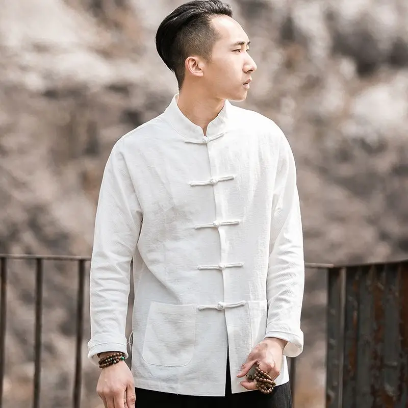 

Casual Cotton Linen Long Sve irt Stand Collar Tang Costume Men's Retro Button Chinese Sle Stand Fit Big Size T-irt