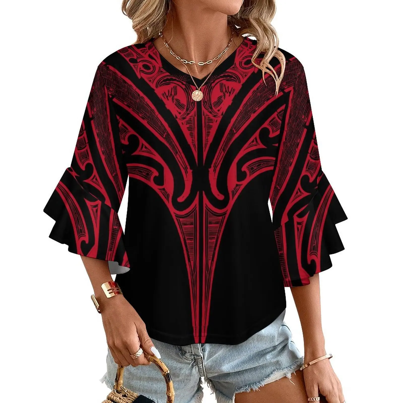 Top corto personalizable Polinesio Samoa Bloom para mujer, cuello en V, manga con volantes, brisa ligera para Festival Tropical