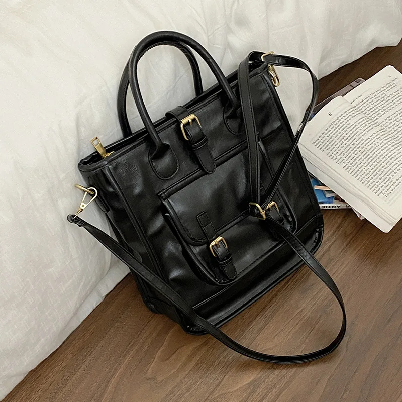 

Textured Pu Crossbody Bag Large Capacity Tote Bag For Women All-Match Stachels One Shoulder School Bags Retro Bolsos Femme