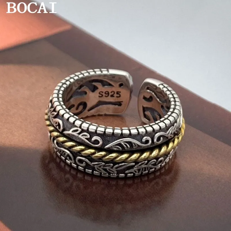 

BOCAI Новое кольцо из стерлингового серебра S925, винтажное модное кольцо контрастных цветов, индивидуальное мужское кольцо в стиле хип-хоп с узором лозы и травы