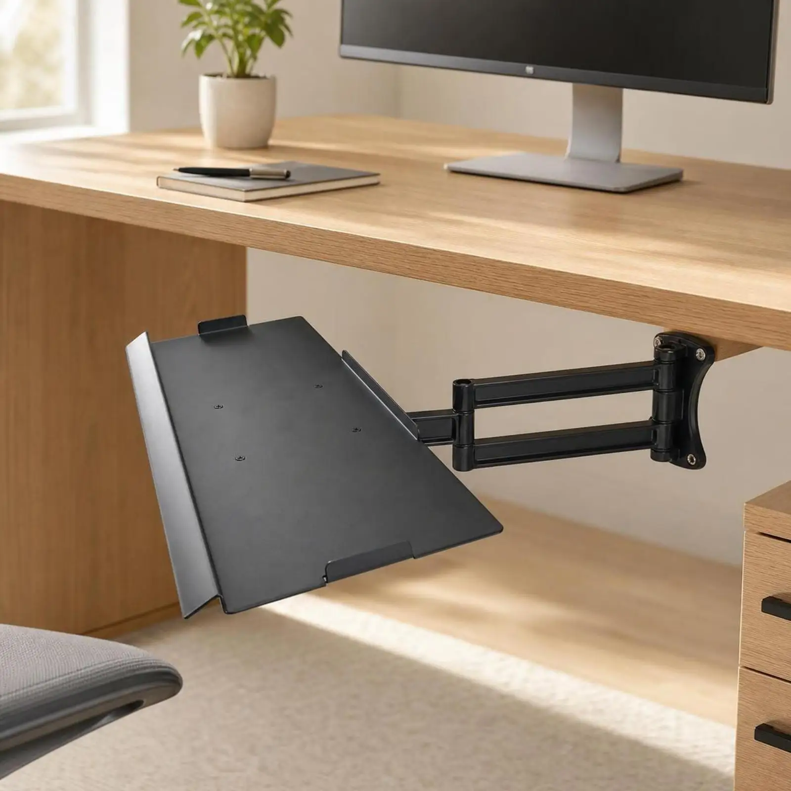 Compact Wall Mount Keyboard Tray with Articulating Metal Arm for Under Monitor Desk Organization and Typing Support