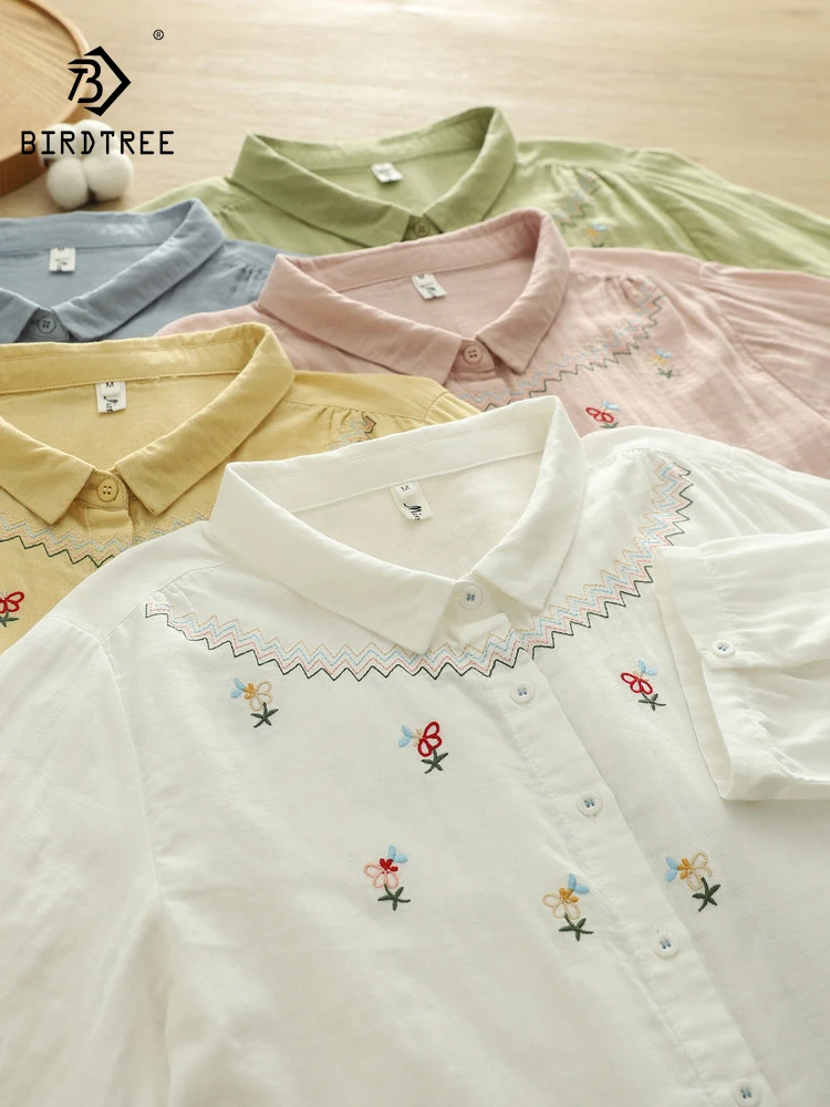 

New 2026 Summer Women Cotton Yarn Half Sleeve Shirt, Turn-down Collar Embroidery, Mori Girl Preppy Style Loose Blouse T64023CC