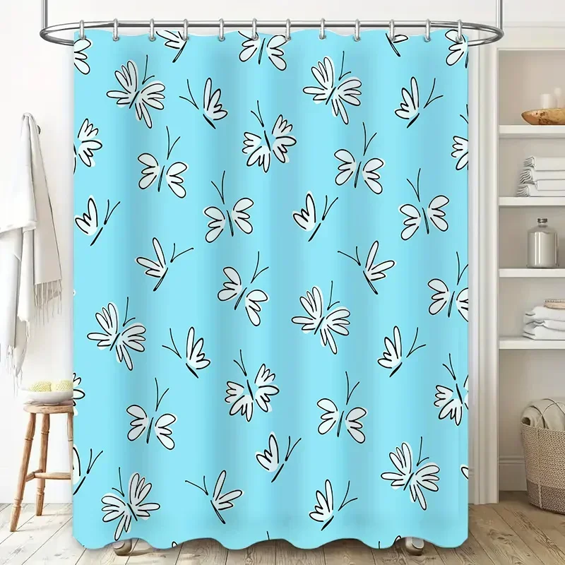 Bathroom Decor Butterfly Printed Shower Curtain Waterproof Black Rod Pocket Blue White Patterned Customizable Size 180x245cm Hom