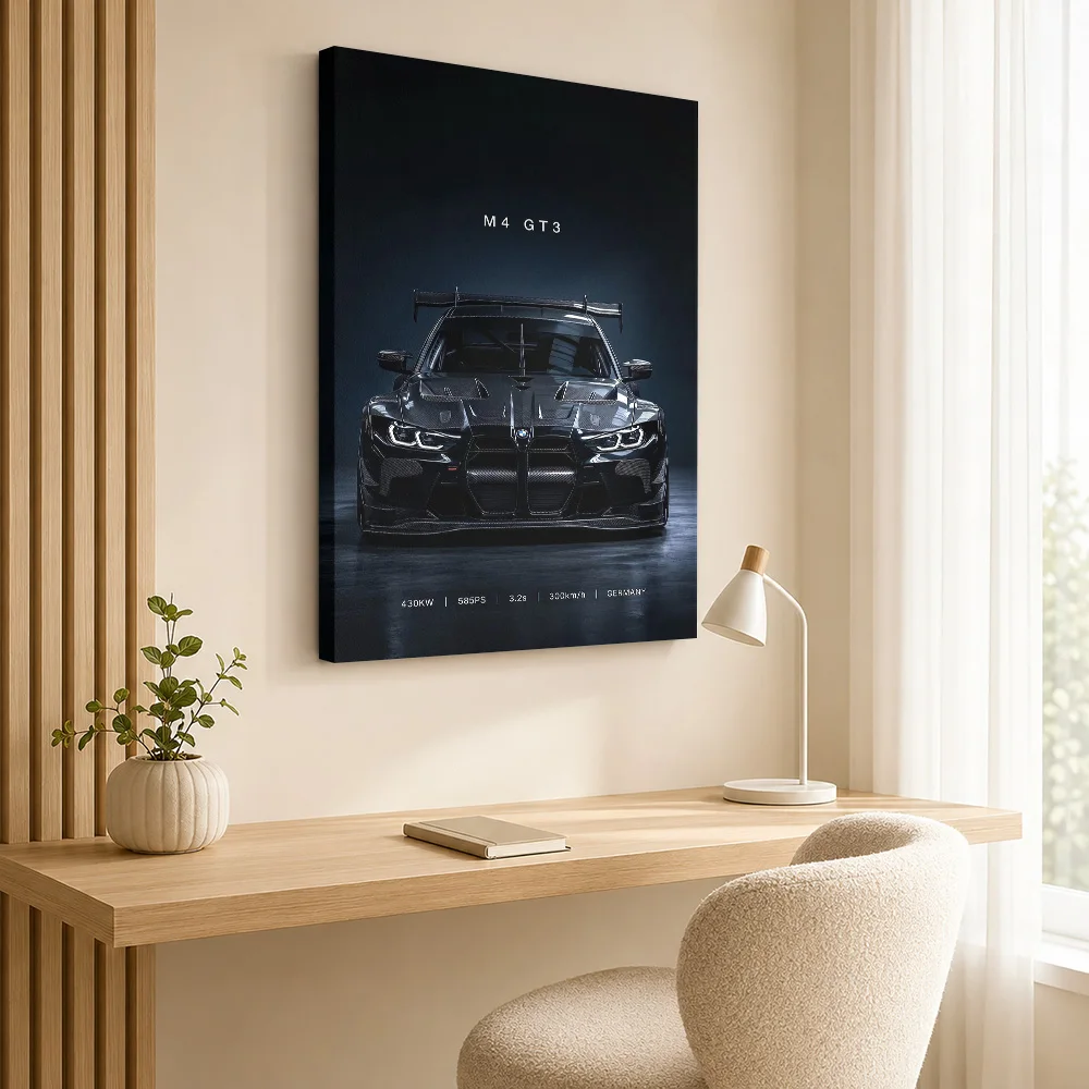 Dark black Sports m4 GT3s Race Car Canvas Poster Custom Photo Retro Automotive Wall Art for Man Cave Decor Gift for Collectors