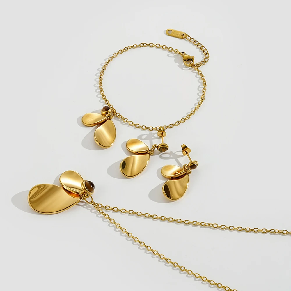 ENFASHION Para Mujer Glossy Curved Leave Pendant Necklace For Women Stainless steel 18K Gold Plated Bracelet Earrings Jewelry