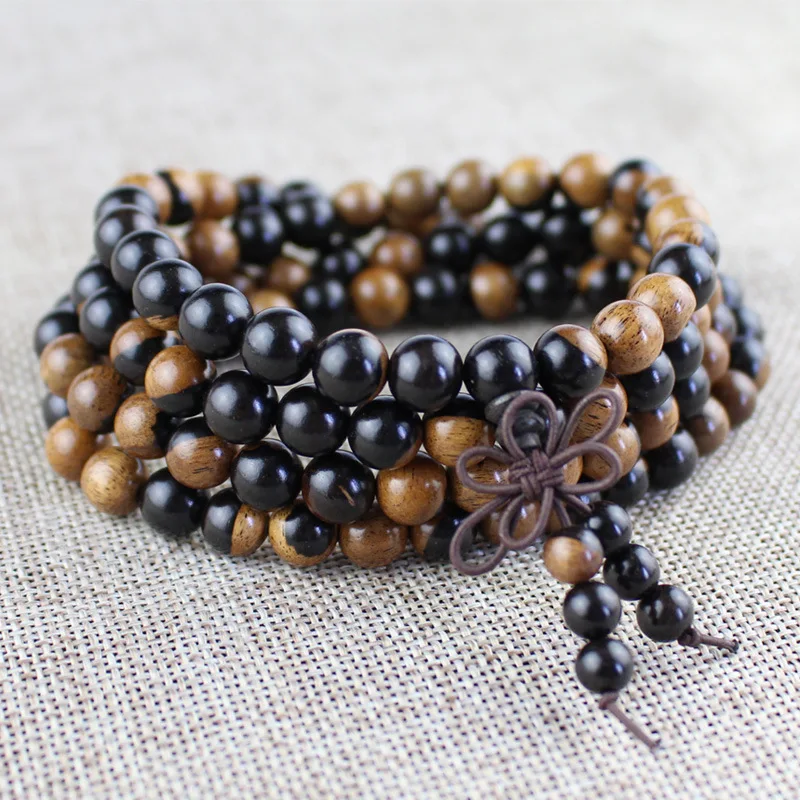 Natural ebony Tibetan Buddha Multilayer 108 Bead Black Bracelet Sandalwood Charm Bracelets Yin Yang Gossip For Men Wood Jewelry