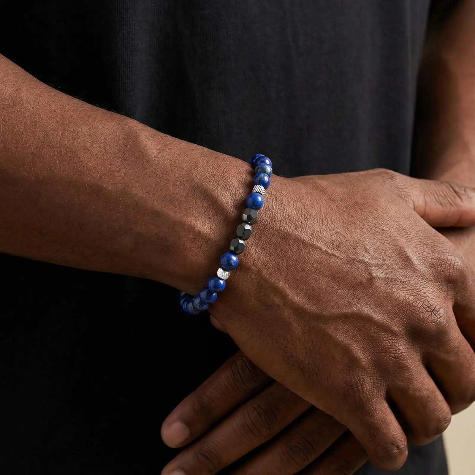 Stilvolle Blaue Naturstein-Perlenarmbänder für Männer, Lapislazuli Hämatit Armband, Heilende Energie Yoga-Schmuck – Detail 3