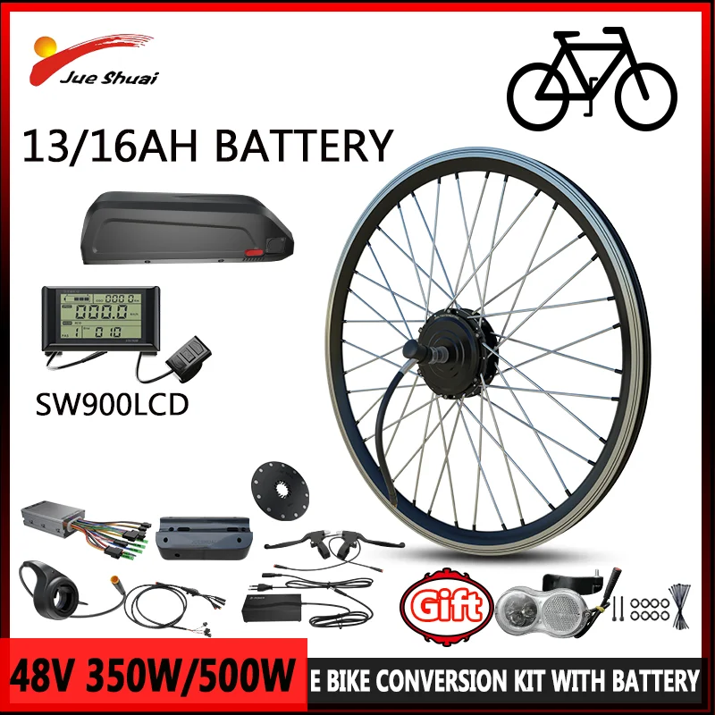 48V Electric Bike Conversion Kit 350W/500W Front/Rear Burshlees Hub Motor Wheel E Bicycle Conversion Kit with 13/16AH Battery