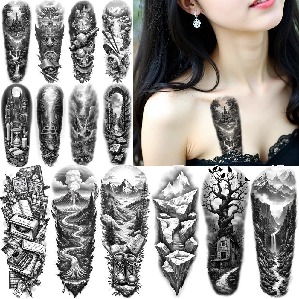 12pcs Temporary Tattoo Face Waterproof Long-lasting Body Stickers Staircase Skull Realistic Temporary Tattoos Building For Men