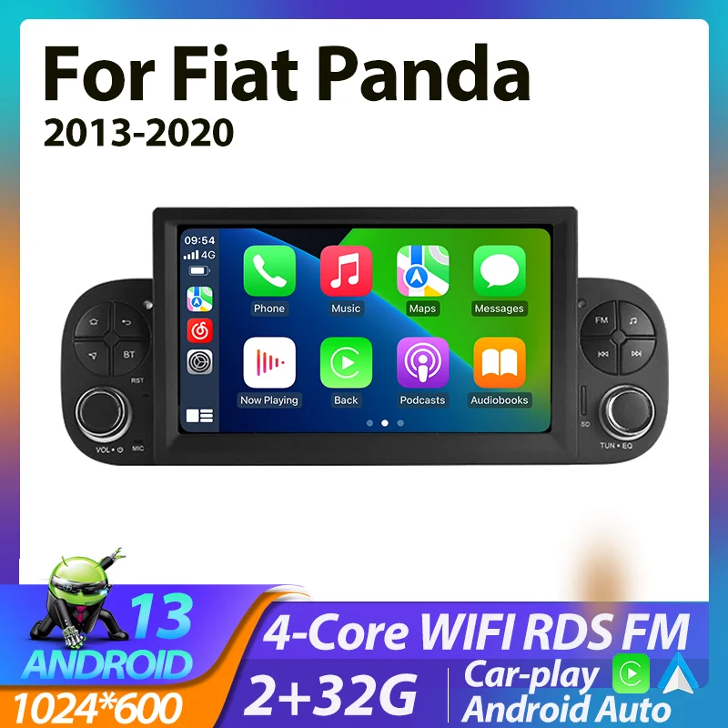 1Din Android 13 Built-in Wireless Carplay Auto Car Radio For Fiat Panda 2013 2014 2015 2016-2020 Multimedia Player GPS Head Unit