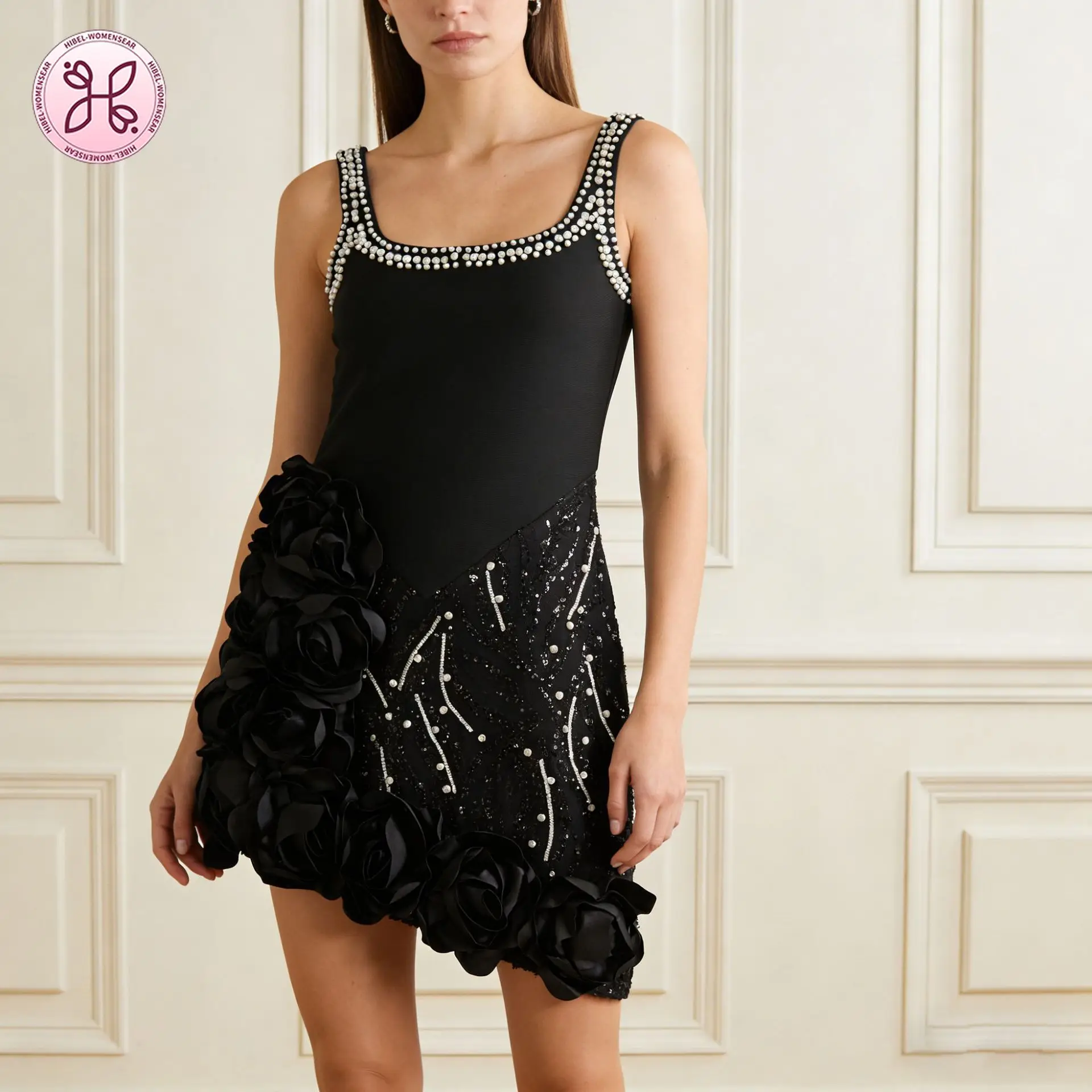 

2026 New Sleeveless Square Neck Asymmetric Hem Gown, Heavy Duty 3D Rose Embellished Socialite Style Banquet Dress
