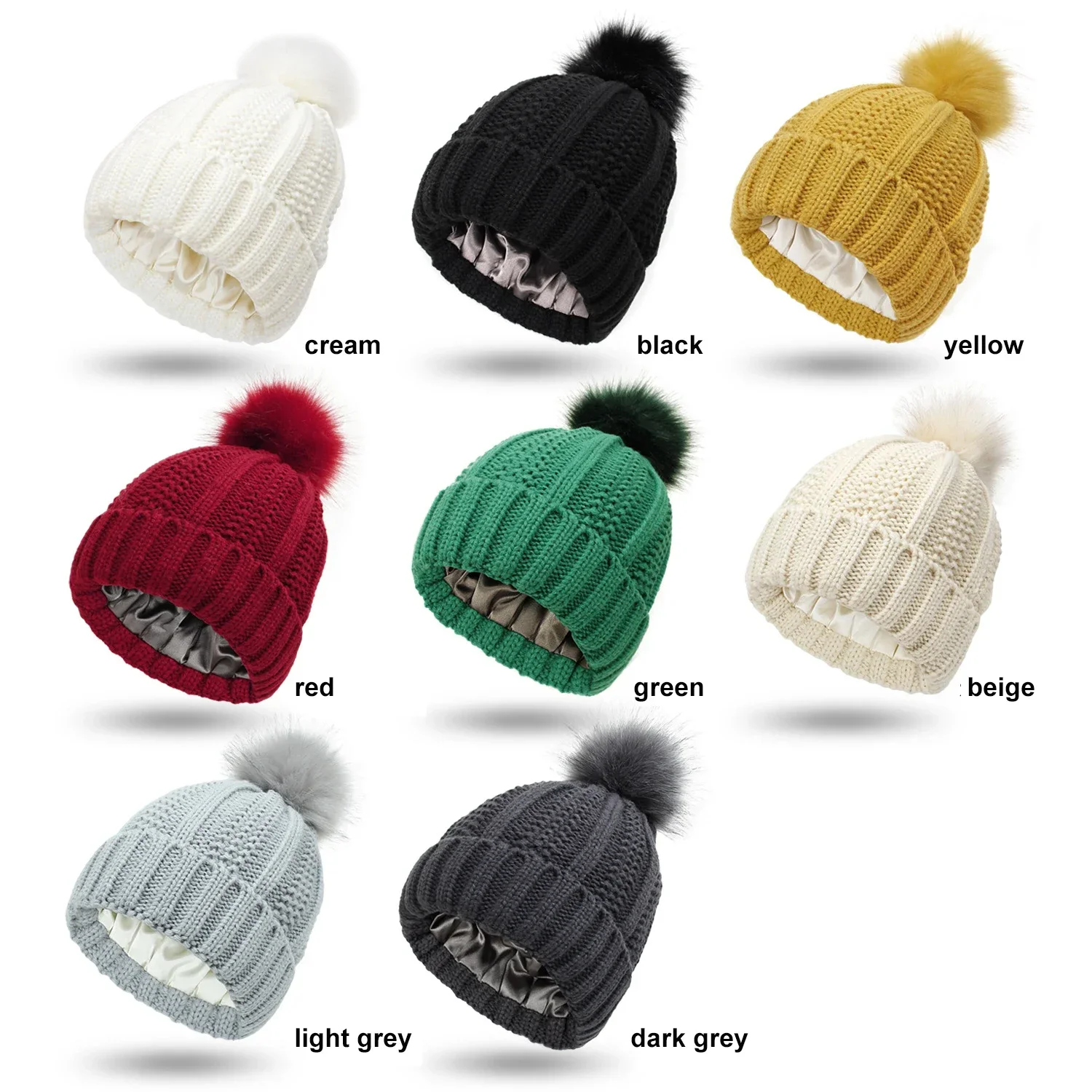 Winter Silk Satin Lined Beanie Hats for Women Thick Chunky Cap Bonnets Striped Warm High Quality Cashmere Knitted Pom Pom Hat