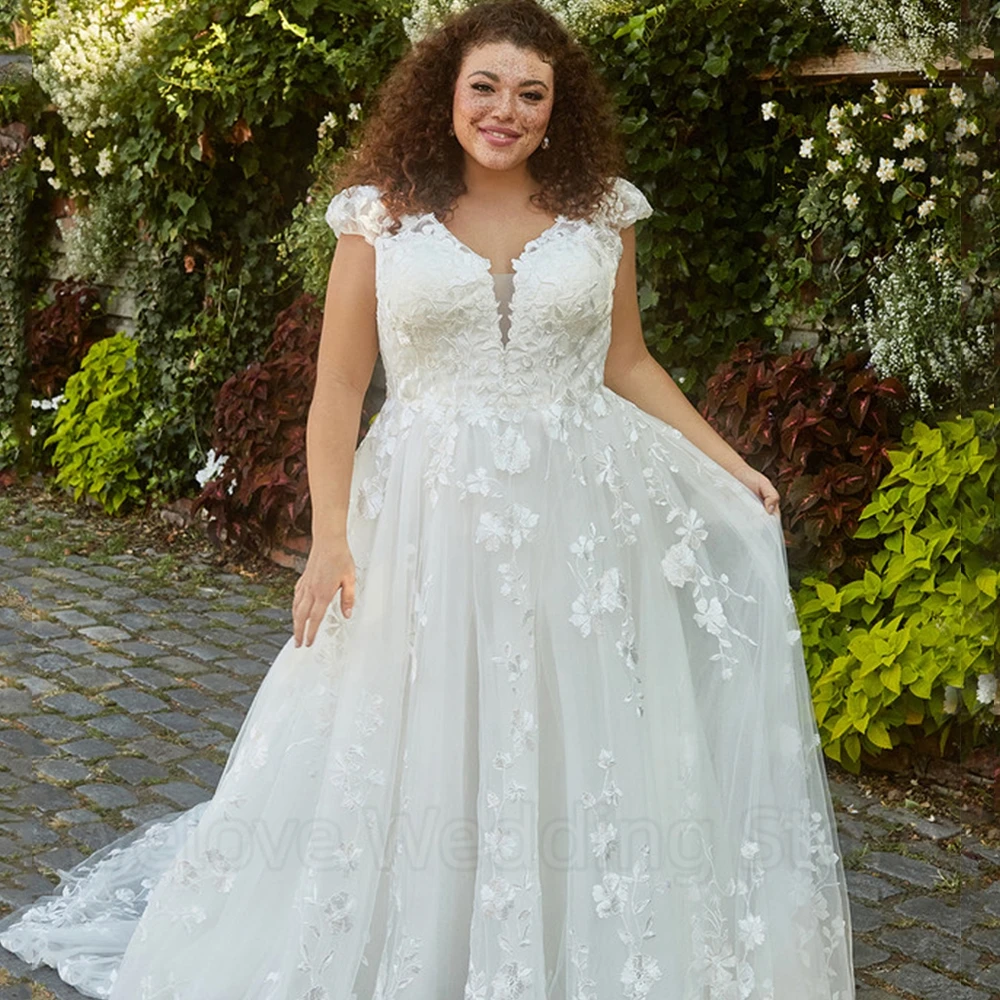 Squisito abito da sposa con Applique in pizzo con maniche a berretto classico scollo a v a-line lunghezza del pavimento Tulle aperto sul retro abiti da sposa formali