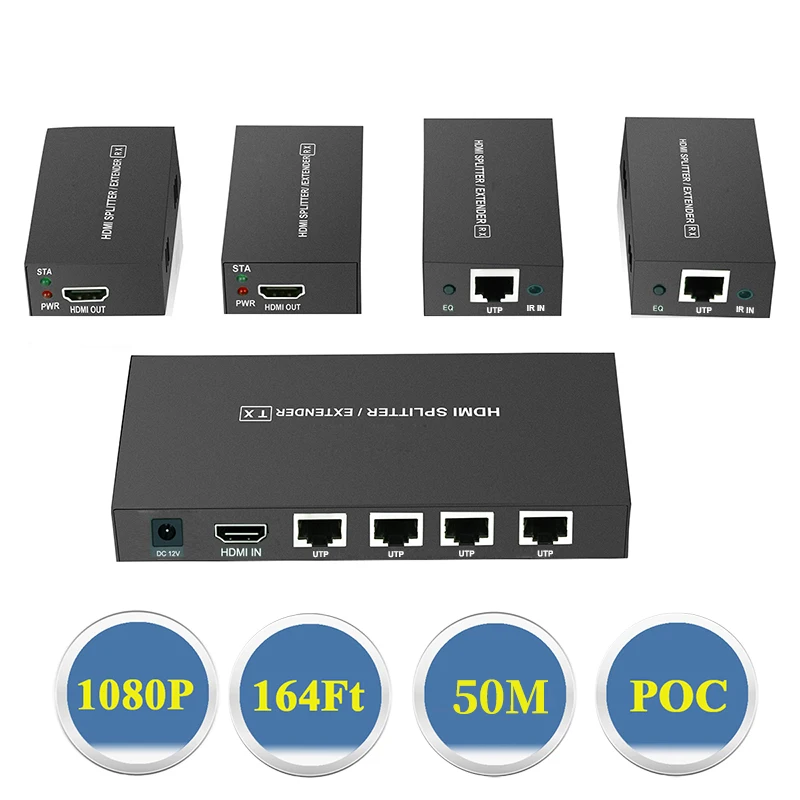 1x4 HDMI Extender Splitter 1080P@60Hz Over Cat 5E/6/7 Ethernet Cable 50m (165ft) Support EDID Copy POC Function (1 in 4 Out)