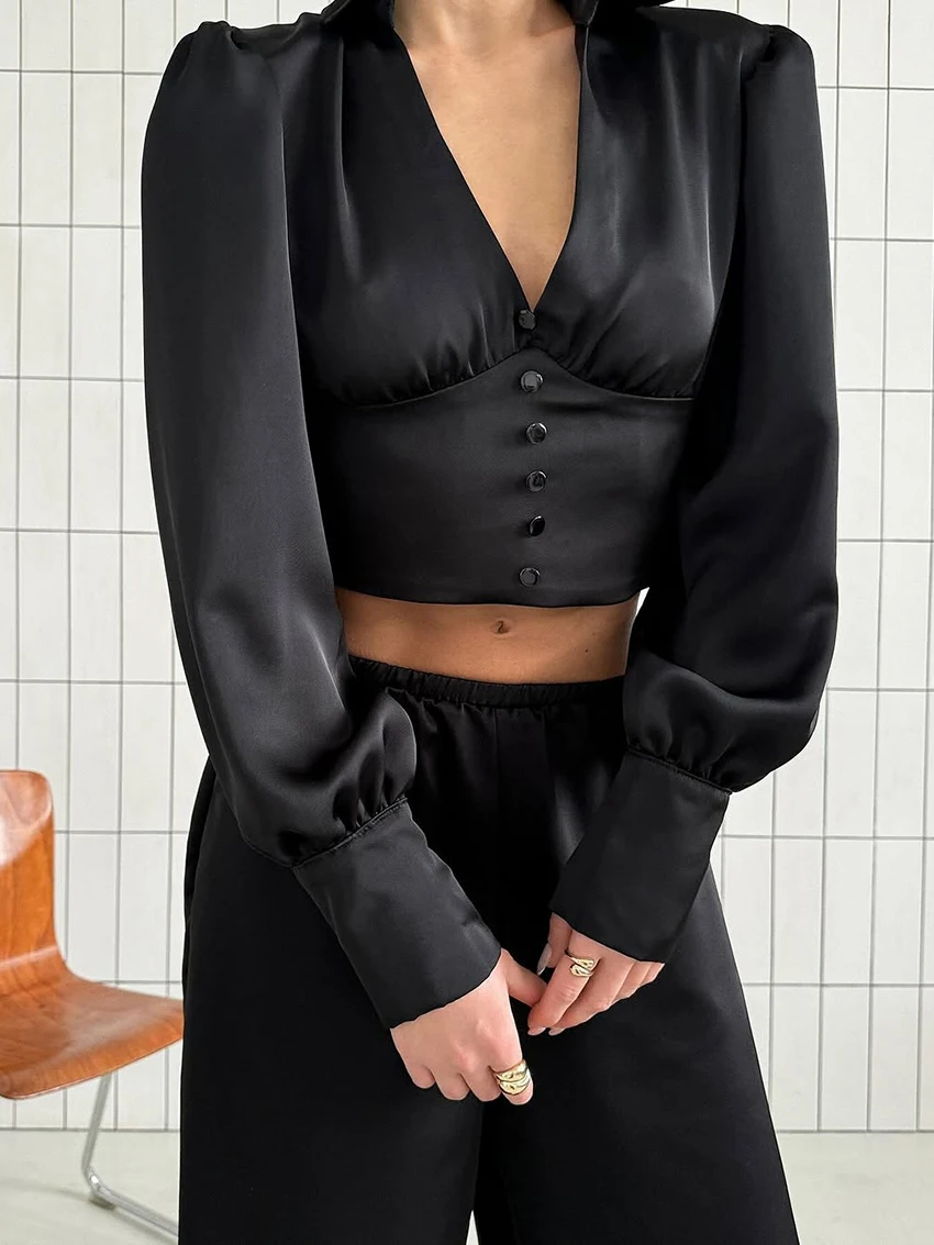 Martahqiqi Fashion Ladies Nightgowns Suit Crop Top Pajamas Long Sleeve Nightie Sexy V-Neck Nightwear Pants Female Sleepwear Set