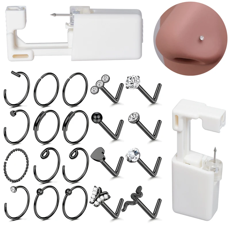 22Pcs Nose Piercing Kit Disposable Nose Piercing Gun 316L Surgical Steel Nose Rings Studs Safe Self Body Piercing Jewelry Tools
