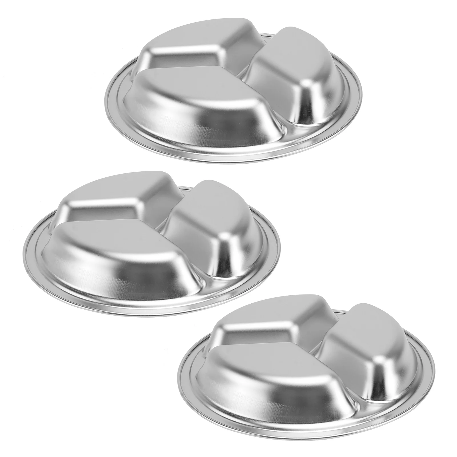 

3pcs Stainless Steel Round Separation Plate 3 Grids Food Storage Tray For School Company Canteen Silver 20Cm Rice Fast Food
